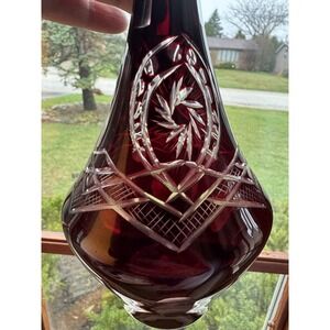 Vintage Bohemian Ruby Red Cut to Clear Glass Vase Pinwheel Starburst 10"